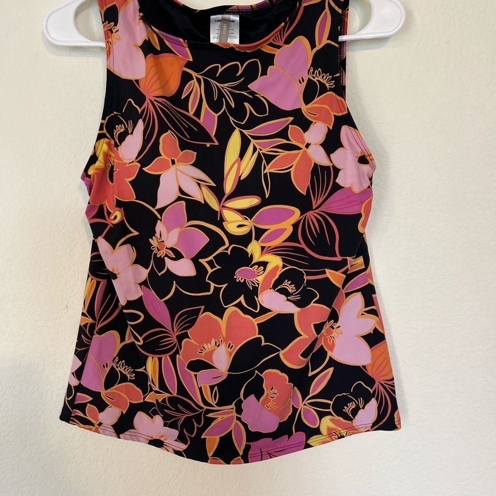 Lands End 6 Black Pink Orange Floral High Neck Tankini Swimsuit Top Soft Cups